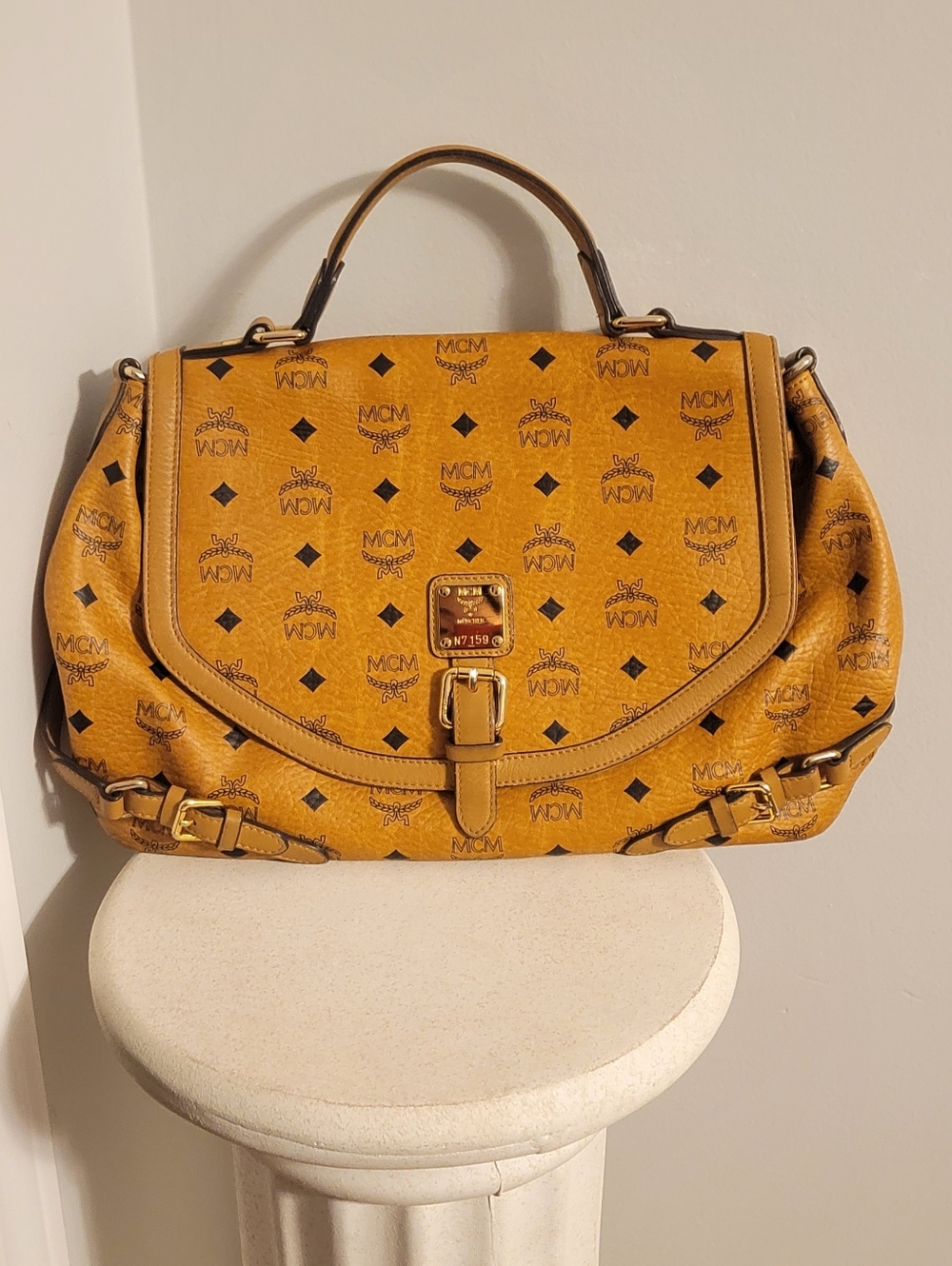 MCM Cognac Logo Visetos Top-Handle Satchel with Gold Hardware